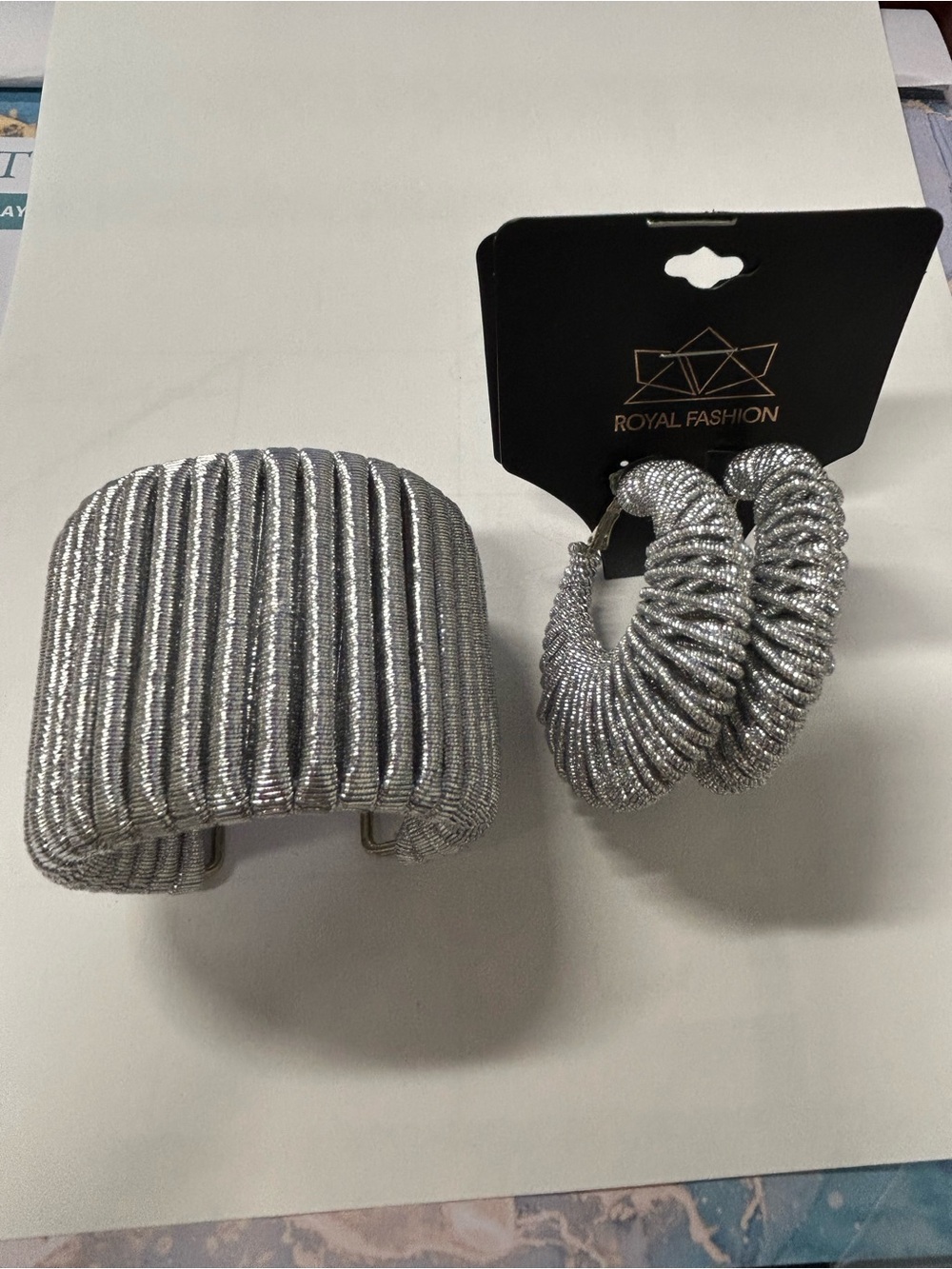 Silver Ribbed Cuff Bracelet & Hoop Earrings Set